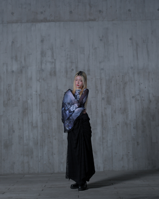 KM005 幽影 印花兩穿喇叭袖透膚長袖上衣