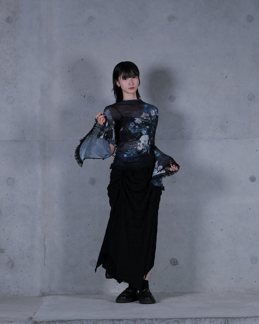 KM005 蒼骸 印花兩穿喇叭袖透膚長袖上衣